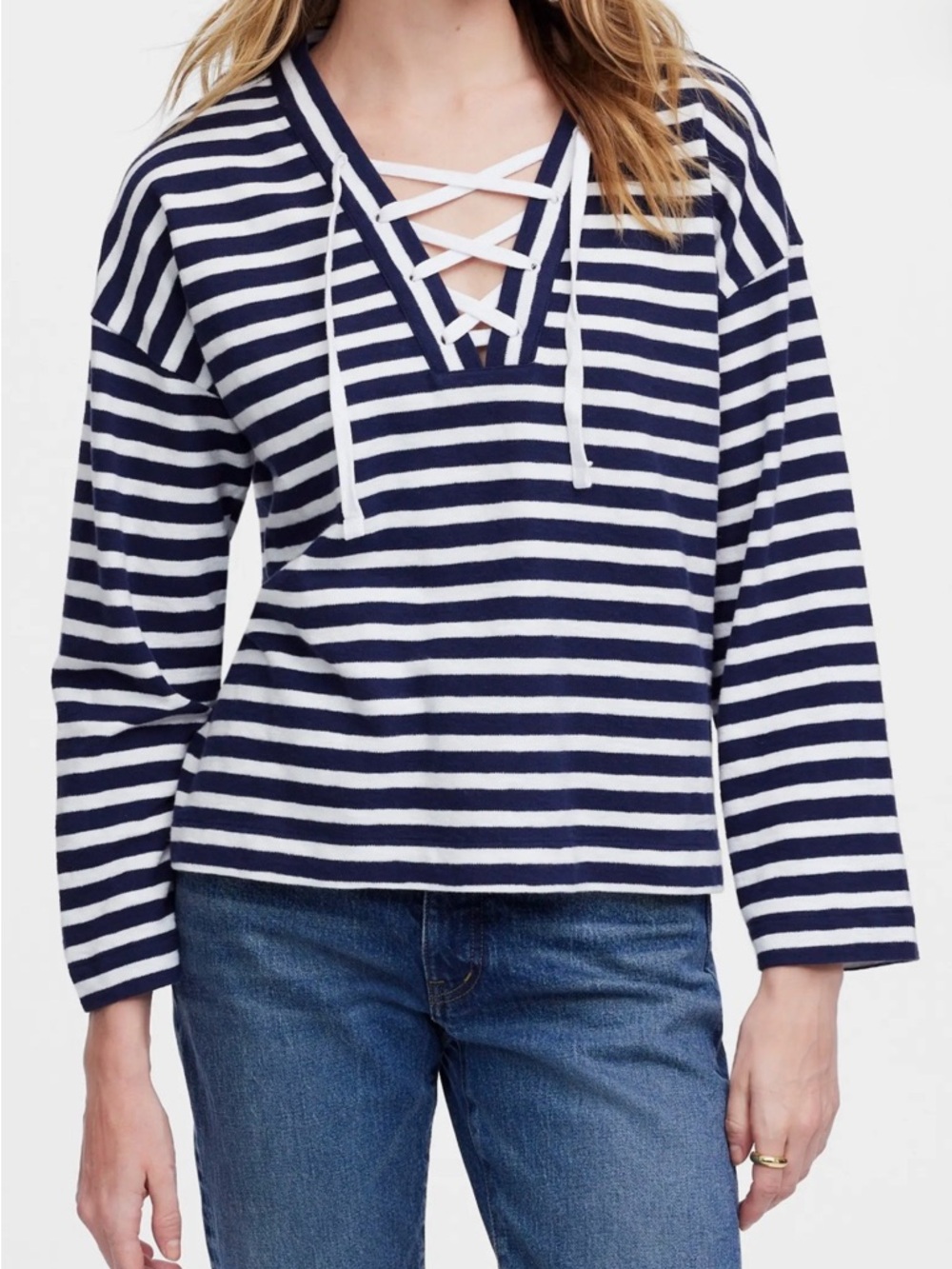 Madewell Navy White Stripe Lace-Up Top Large Coastal Breton Long Sleeve